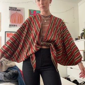 Balloon sleeve red and brown vintage peasant tie top